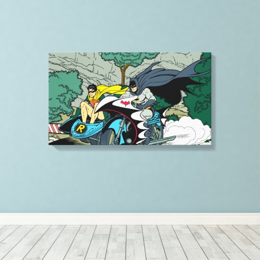 Batman en Robin in Batcycle Canvas Afdruk (Insitu (Houten vloer))