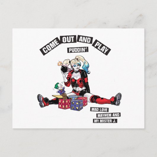 Batman | Harley Quinn "kom uit en speel Puddin" Briefkaart (Voorkant)