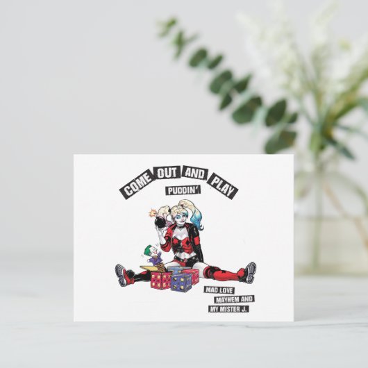 Batman | Harley Quinn "kom uit en speel Puddin" Briefkaart (Staand voorkant)