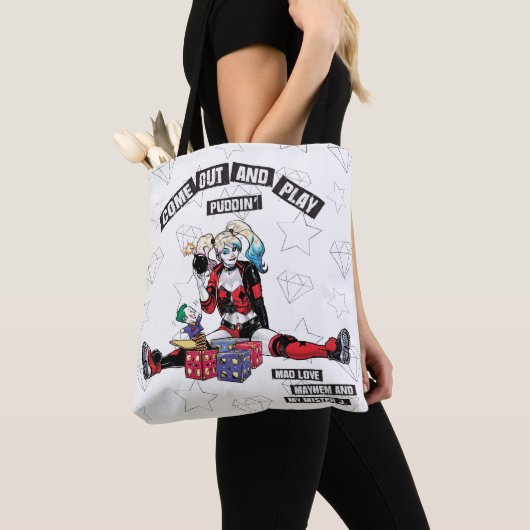 Batman | Harley Quinn "kom uit en speel Puddin" Tote Bag (Dichtbij)