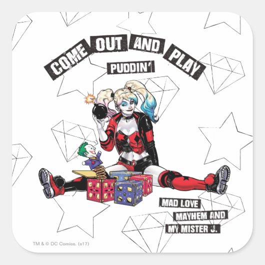 Batman | Harley Quinn "kom uit en speel Puddin" Vierkante Sticker (Voorkant)