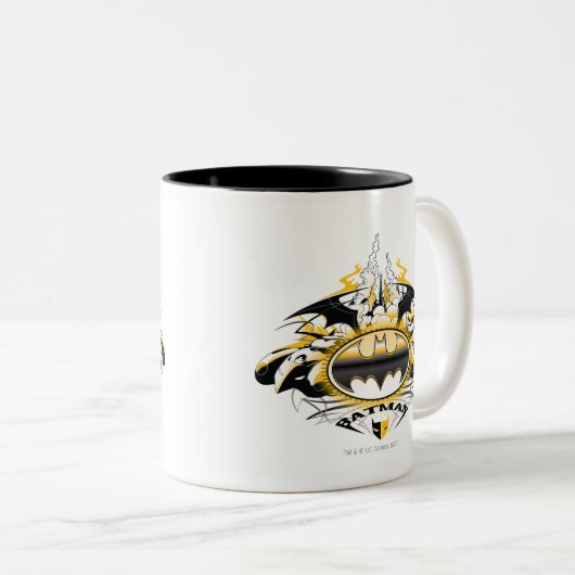 Batman Logo met auto's Tweekleurige Koffiemok (Voorkant rechts)