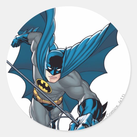 Batman zwaait vanuit touw ronde sticker (Voorkant)