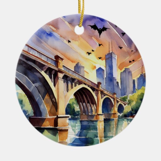 Bats Congress Avenue Bridge Austin Waterverf Keramisch Ornament (Voorkant)