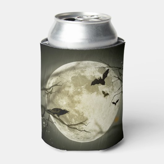 Bats fly Crow zit voor Halloween Full Moon Blikjeskoeler (Blikje Voorkant)