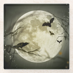 Bats fly Crow zit voor Halloween Full Moon Glazen Onderzetter
