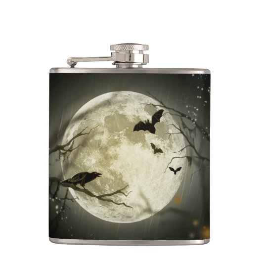 Bats fly Crow zit voor Halloween Full Moon Heupfles (Voorkant)