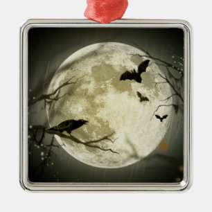 Bats fly Crow zit voor Halloween Full Moon Metalen Ornament