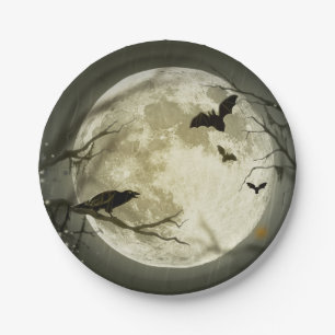 Bats fly Crow zit voor Halloween Full Moon Papieren Bordje