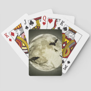 Bats fly Crow zit voor Halloween Full Moon Pokerkaarten