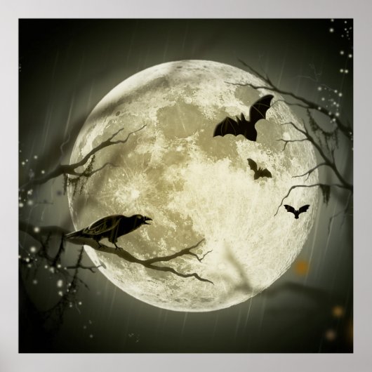 Bats fly Crow zit voor Halloween Full Moon Poster (Voorkant)