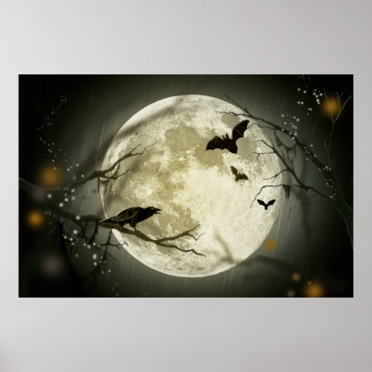 Bats fly Crow zit voor Halloween Full Moon Poster (Voorkant)