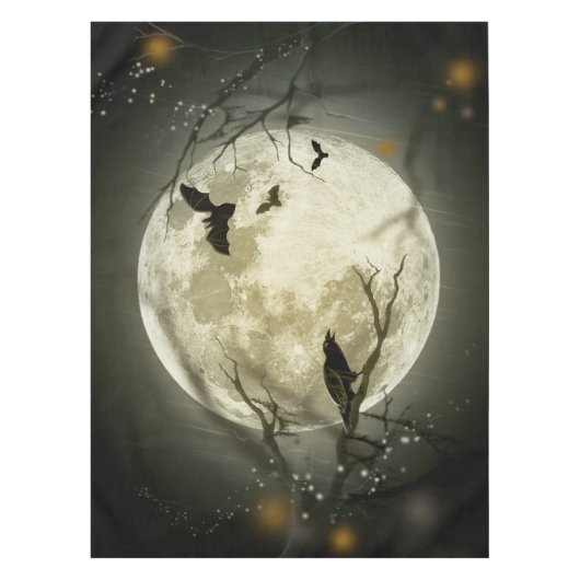 Bats fly Crow zit voor Halloween Full Moon Tafelkleed (Voorkant)
