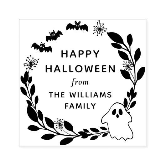 Bats & Ghost Wreath Happy Halloween Rubberstempel (Afrduk)