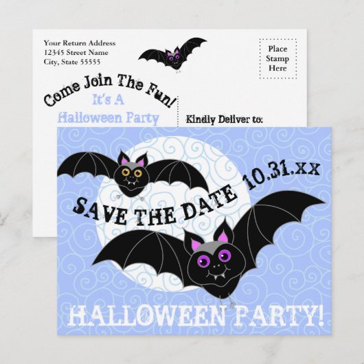 Bats Moon Halloween Party Save the Date Uitnodiging Briefkaart (Voorkant / Achterkant)