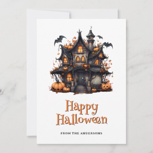 Bats Pumpkins Ghost Haunted House Halloween Kaart (Voorkant)