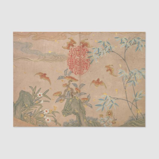 Bats Rocks Flowers Oval Calligrafie van Zhang Ruoa Tissuepapier (Voorkant)