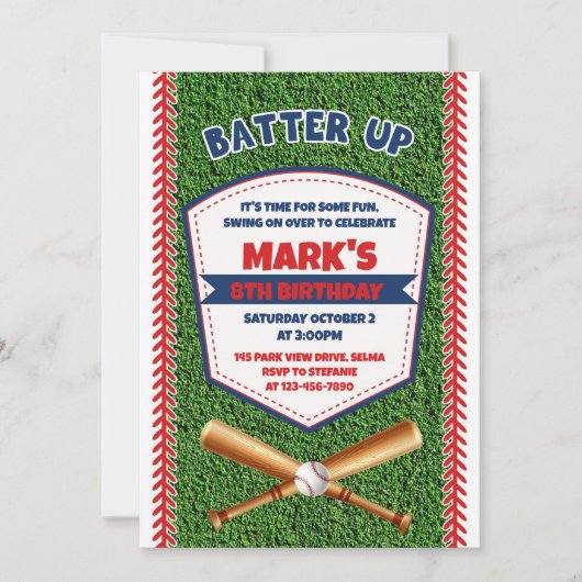 Batter up Baseball Birthday Uitnodiging (Voorkant)