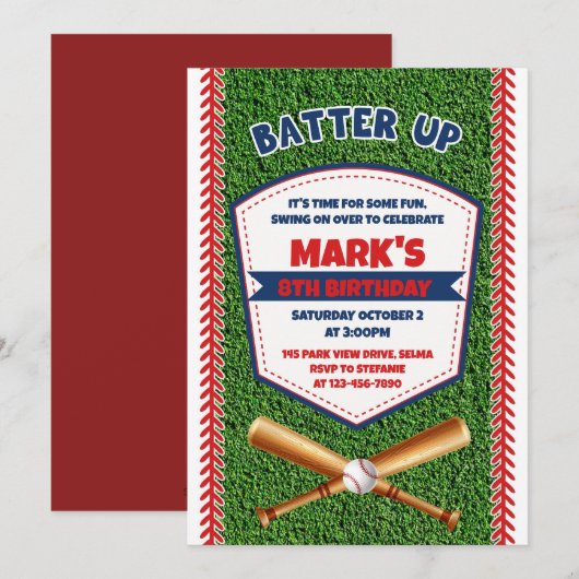 Batter up Baseball Birthday Uitnodiging (Voorkant / Achterkant)