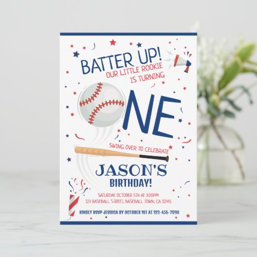 Batter Up Blauw Kleine Rookie Baseball 1e Verjaard Kaart (Staand voorkant)