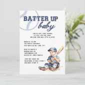 Batter Up Blauw Wit Baseball Baby shower Kaart (Staand voorkant)