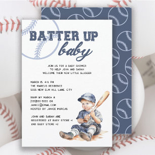 Batter Up Blauw Wit Baseball Baby shower Kaart