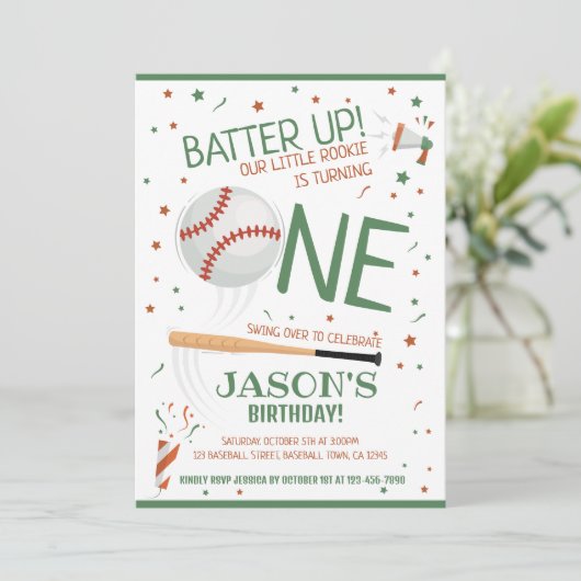 Batter Up Groene Rookie Baseball 1e Verjaardag Kaart (Staand voorkant)