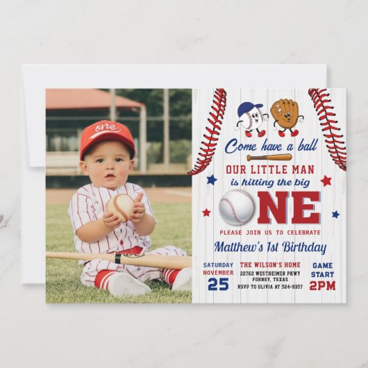 Batter Up Honkbal 1e Verjaardag Foto Kaart (Voorkant)