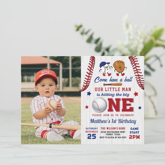  Batter Up Honkbal 1e Verjaardag Foto Kaart (Staand voorkant)