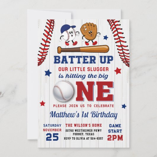  Batter Up Honkbal 1e verjaardag Uitnodiging (Voorkant)