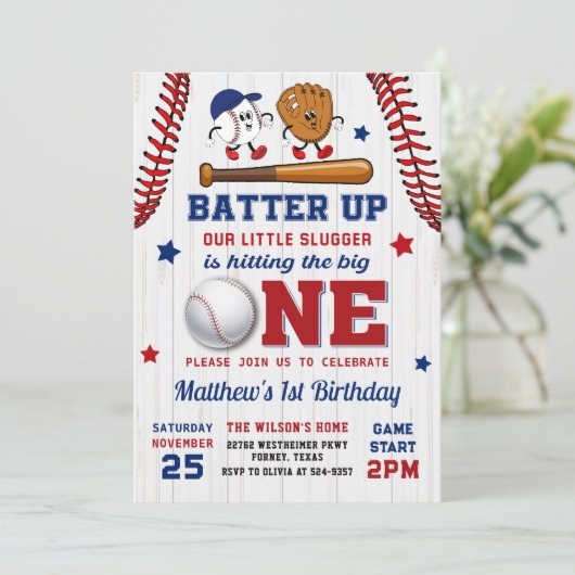 Batter Up Honkbal 1e verjaardag Uitnodiging (Staand voorkant)