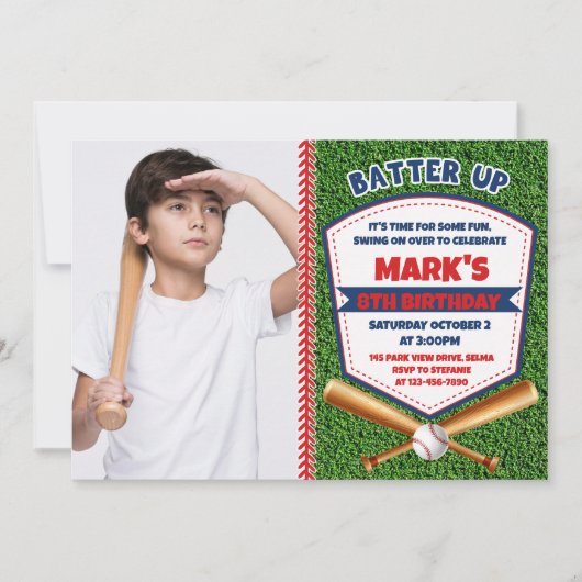 Batter up honkbal jongen verjaardag foto uitnodigi kaart (Voorkant)