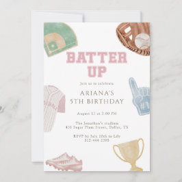 Batter up Preppy Pink Baseball Bow 5th Birthday Kaart
