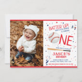 Batter Up Red Rookie Baseball Foto 1e verjaardag Kaart (Voorkant)