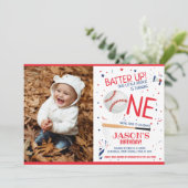 Batter Up Red Rookie Baseball Foto 1e verjaardag Kaart (Staand voorkant)