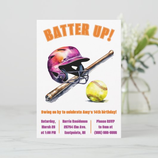 Batter Up! Swing on By! Softball Birthday Party Kaart (Staand voorkant)