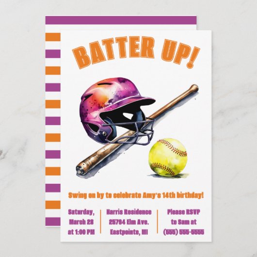 Batter Up! Swing on By! Softball Birthday Party Kaart (Voorkant / Achterkant)