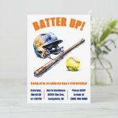 Batter Up! Swing on By! Softball Birthday Party Kaart (Staand voorkant)