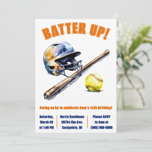 Batter Up! Swing on By! Softball Birthday Party Kaart (Staand voorkant)