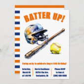 Batter Up! Swing on By! Softball Birthday Party Kaart (Voorkant / Achterkant)