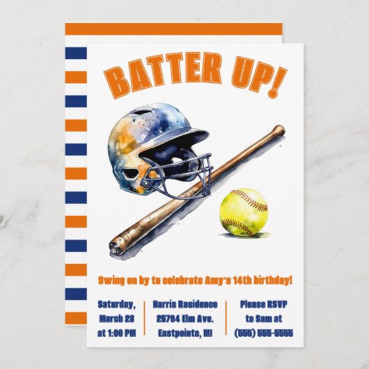 Batter Up! Swing on By! Softball Birthday Party Kaart (Voorkant / Achterkant)