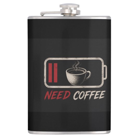 Batterij leeg, koffie nodig – heupfles (Voorkant)