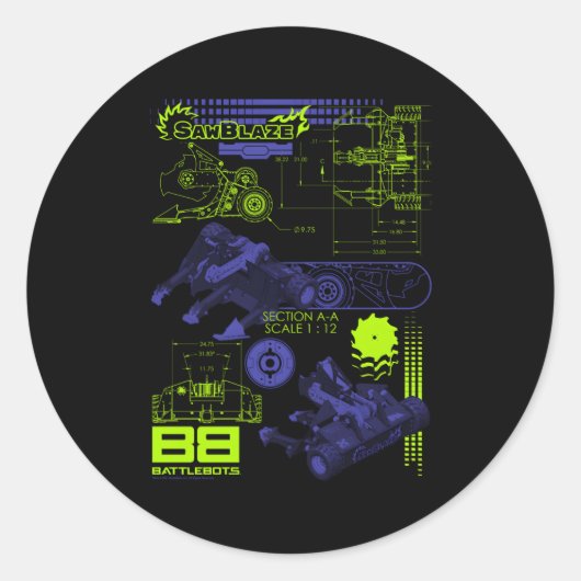 Battlebots Sawblaze Battle Schematics Ronde Sticker (Voorkant)