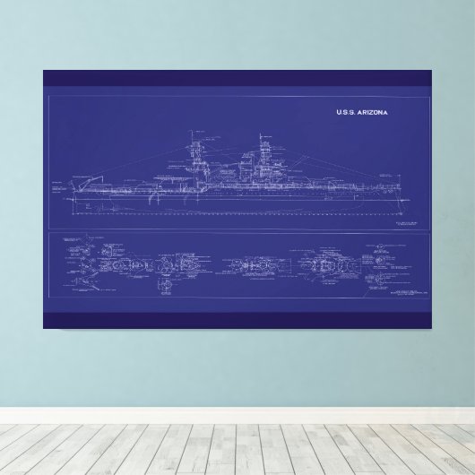 Battleship USS Arizona Blueprint Canvas Afdruk (Insitu (Houten vloer))