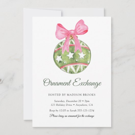 Bauble Pink Bow Ornament Exchange Christmas Party Kaart (Voorkant)