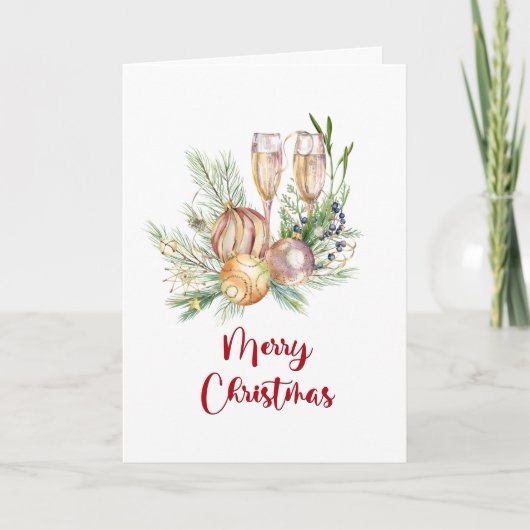 Baubles en Champagne-kerstgroet Feestdagen Kaart (Voorkant)