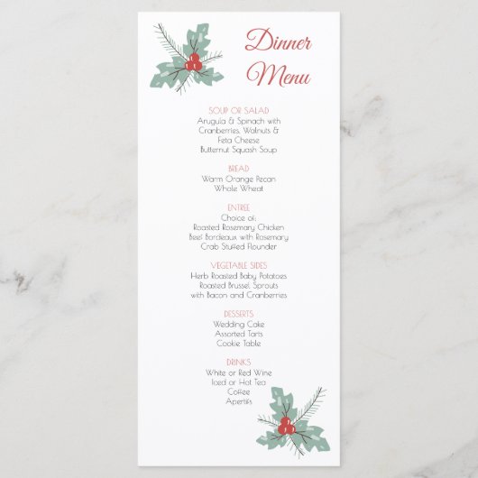 Baubles en Holly Kerstfeestdag bruiloft Menu (Achterkant)