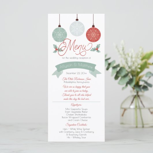 Baubles en Holly Kerstfeestdag bruiloft Menu (Staand voorkant)
