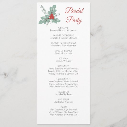 Baubles en Holly Kerstfeestdag bruiloft Programmakaart (Achterkant)