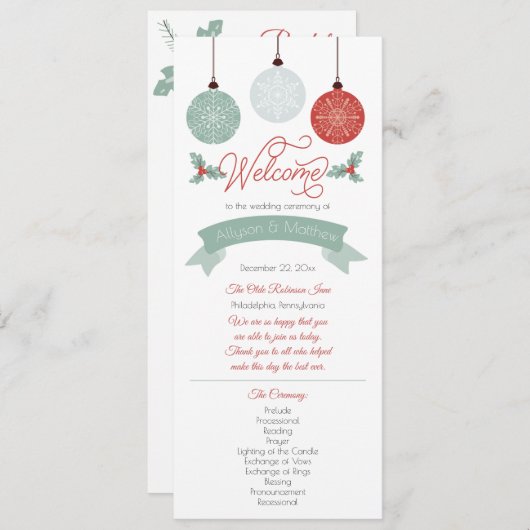 Baubles en Holly Kerstfeestdag bruiloft Programmakaart (Voorkant / Achterkant)
